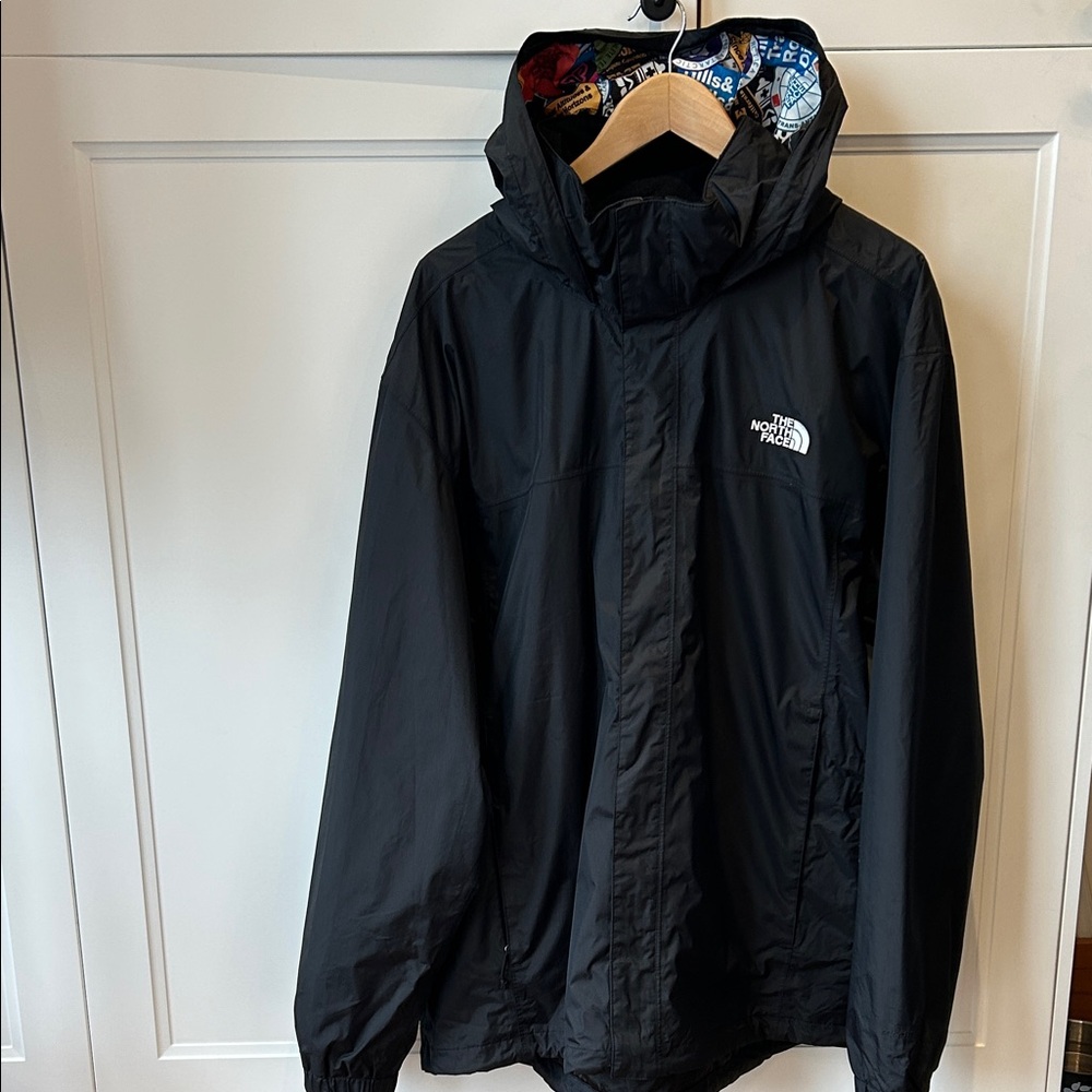 The North Face Black Hooded Windbreaker, rare edition, sticker pattern hood, XXL